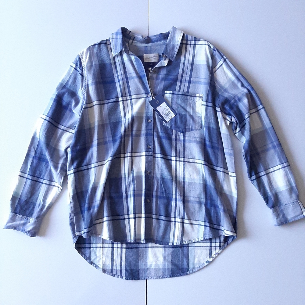 Women Blue Plaid Long Sleeve by Universal Thread
